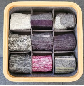 Fold and Roll Socks in baskets and bins Bella Organizing Professional Home Organizers in Oakland and San Francisco Bay Area