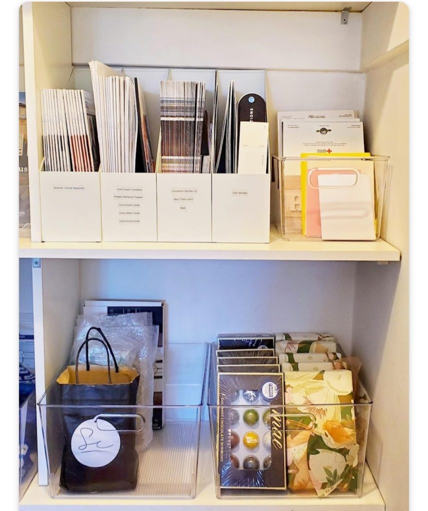 office shelf with white metal magazine and paper files acrylic bins from container store Bella Organizing Professional home organizers and residential packing and moving management company serving the San Francisco Bay Area.