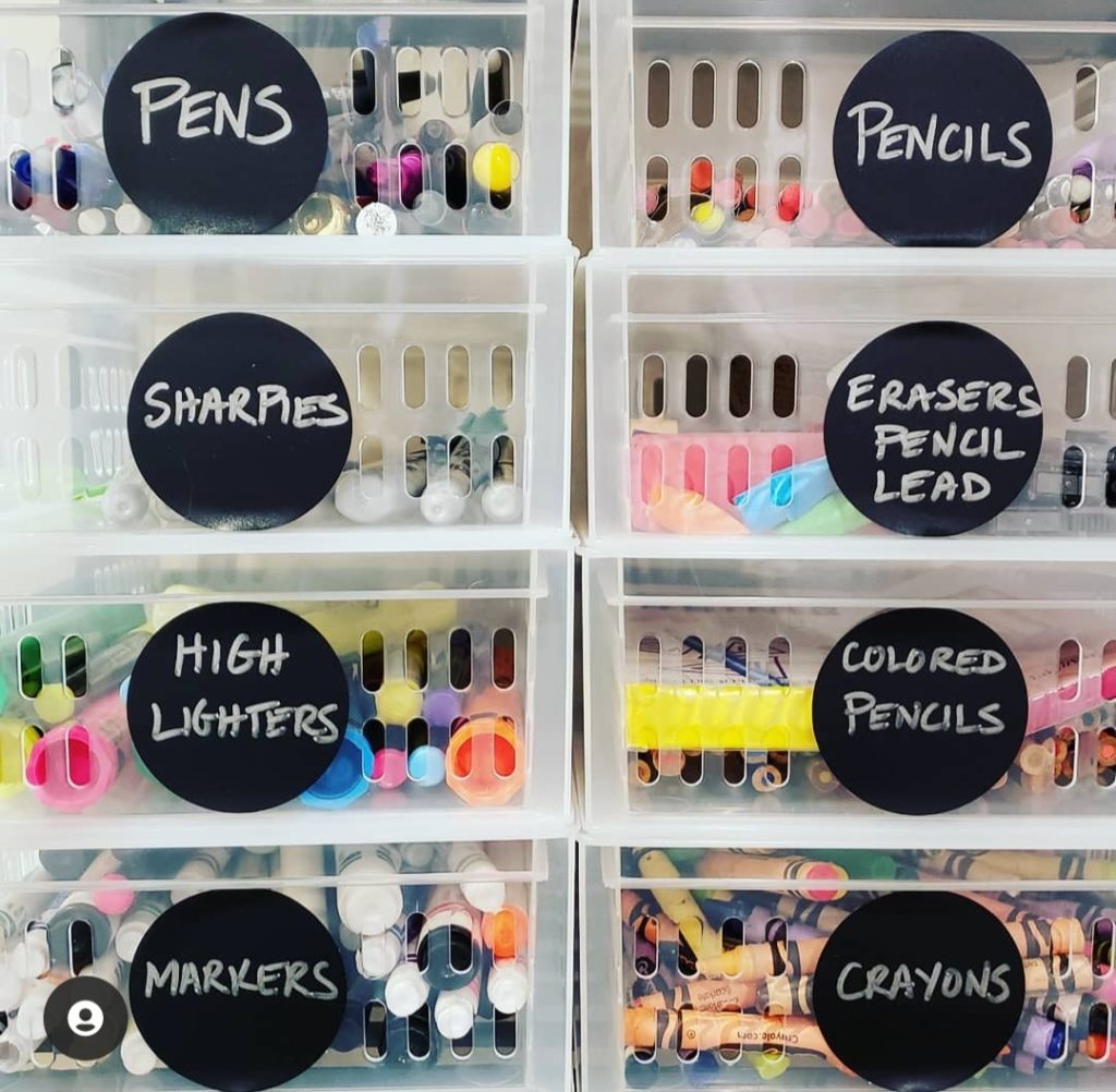 small plastic container bins with black chalk labels for craft and homework supply pen pencil marker storage Bella Organizing Professional home organizers and residential packing and moving management company serving the San Francisco Bay Area.