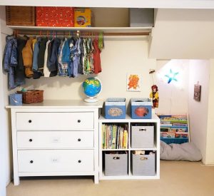 Kids Room and Closet with Ikea Kallax Shelf and White Dresser Bella Organizing Professional Home Organizers in Oakland and San Francisco Bay Area