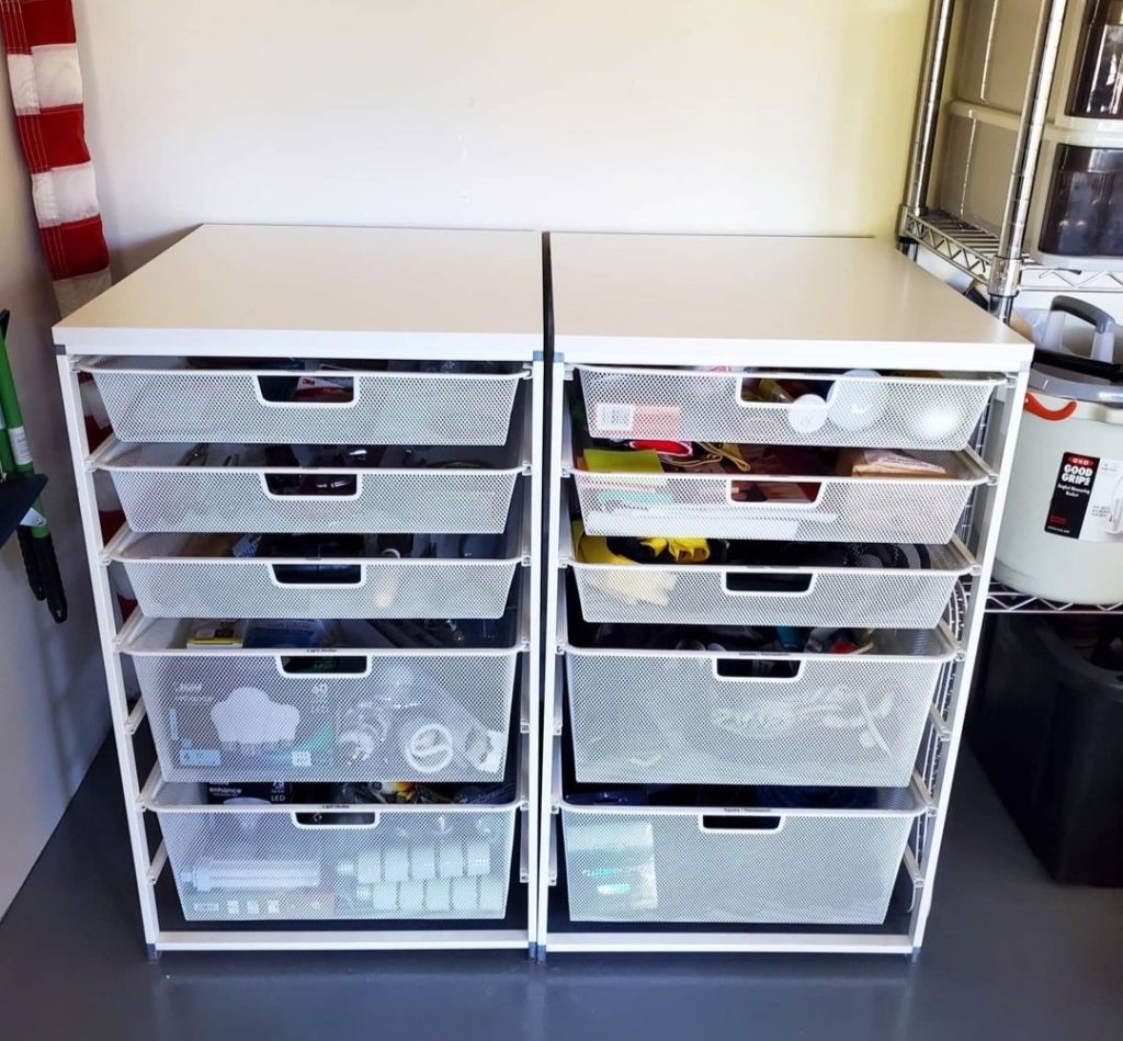 Container Store Elfa Drawers in a garage by Bella Organizing Professional Home Organizers in Oakland and the San Francisco Bay Area