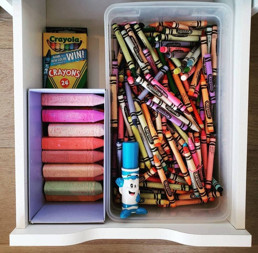 small drawer bins for office homework and colorful crayons and sidewalk chalk craft storage Bella Organizing Professional home organizers and residential packing and moving management company serving the San Francisco Bay Area.