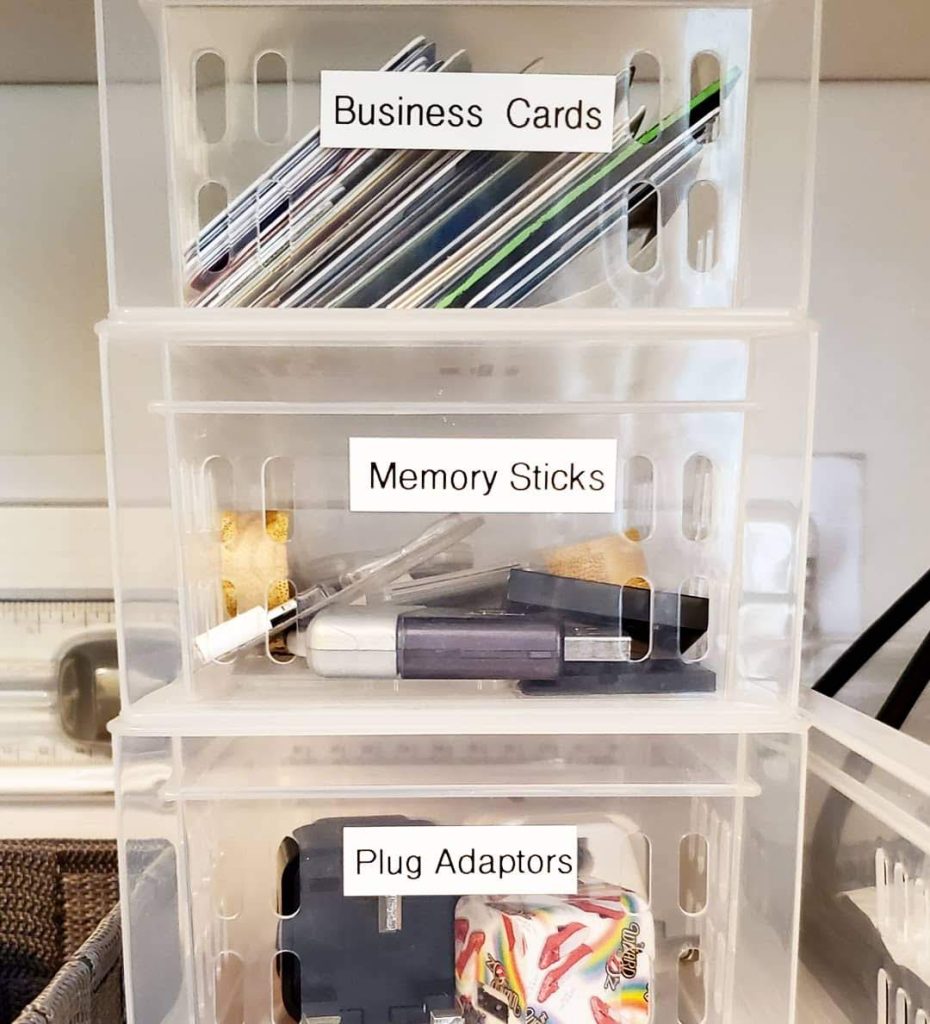 small clear plastic bins from container store for office and craft storage Bella Organizing Professional home organizers and residential packing and moving management company serving the San Francisco Bay Area.