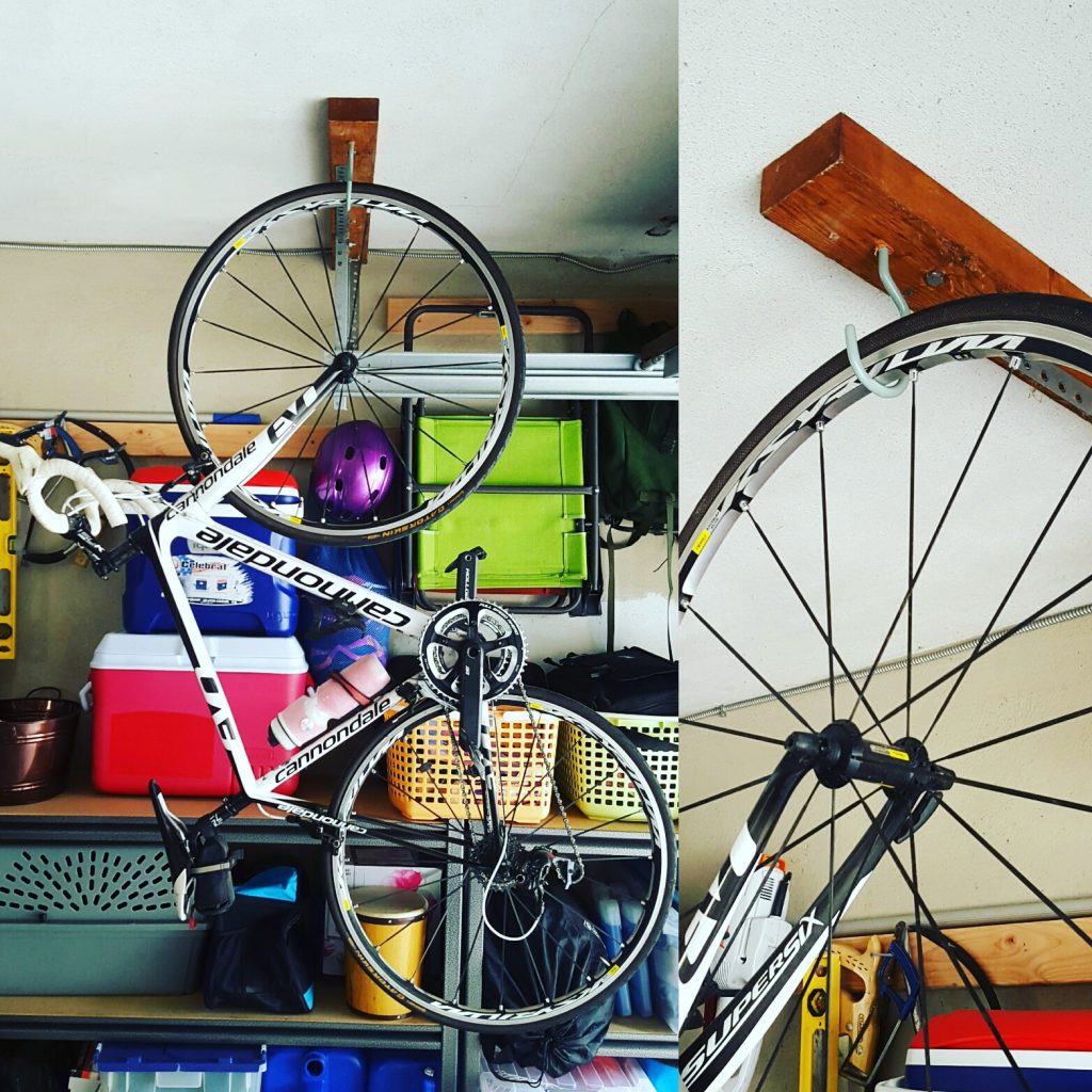 Garage Bike Tire Hook Storage DIY by Bella Organizing Professional Home Organizers in Oakland and the San Francisco Bay Area