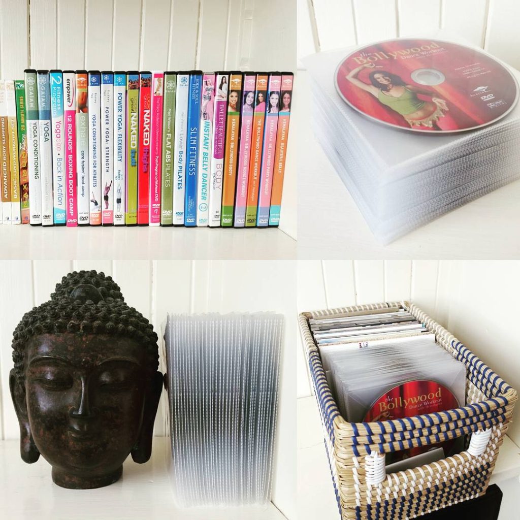 living room cd and dvd storage ideas small weave baskets and clear media sheets with buddha head Bella Organizing Professional home organizers and residential packing and moving management company in the san francisco bay area