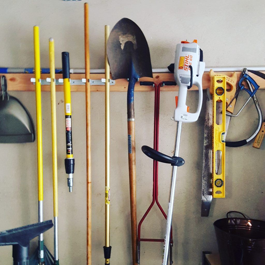 Garage Tool and Shovel with Level Storage DIY by Bella Organizing Professional Home Organizers in Oakland and the San Francisco Bay Area