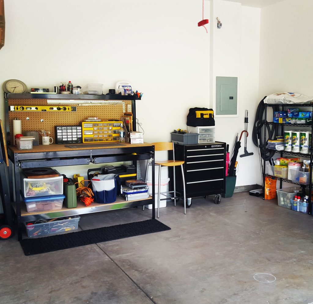 Garage with Tool bench and Shelf Storage by Bella Organizing Professional Home Organizers in Oakland and the San Francisco Bay Area