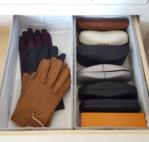 Gloves and Sunglasses Storage in Fabric Baskets and Bins Bella Organizing Professional Home Organizers in Oakland and San Francisco Bay Area