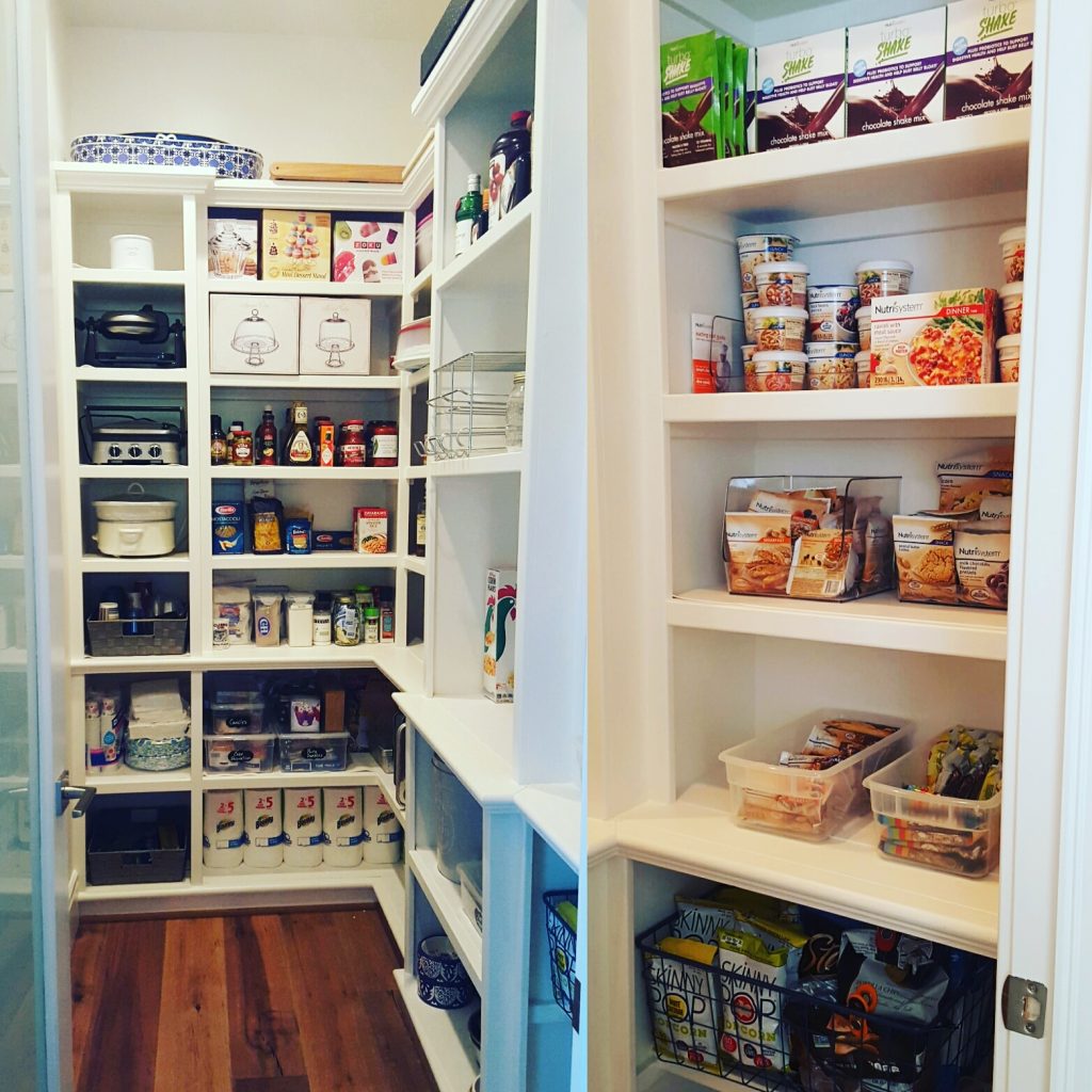 kitchen and pantry walk-in closet with shelves white paint Bella Organizing Professional home organizers and residential packing and moving management company serving the San Francisco Bay Area.